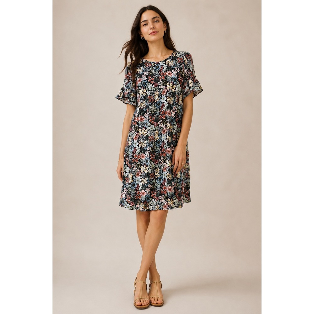 LOFT Floral Smocked Flutter Sleeve Shift Dress Black Multi NWT Size M